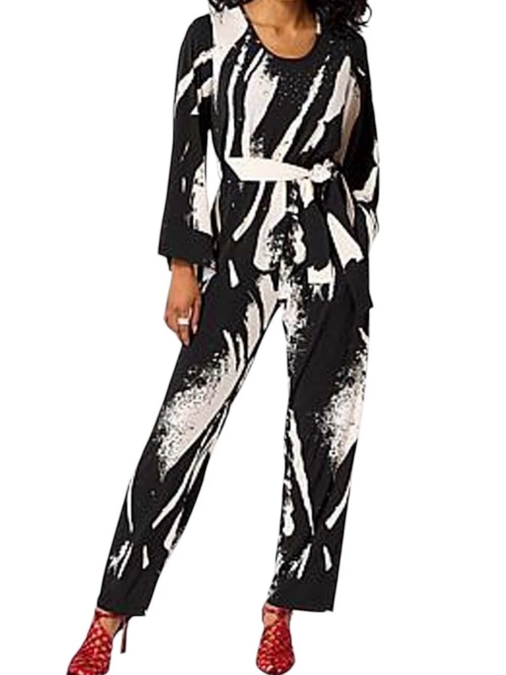 Vivica Fox Black & White Abstract Print Straight-Leg Jumpsuit with Belt